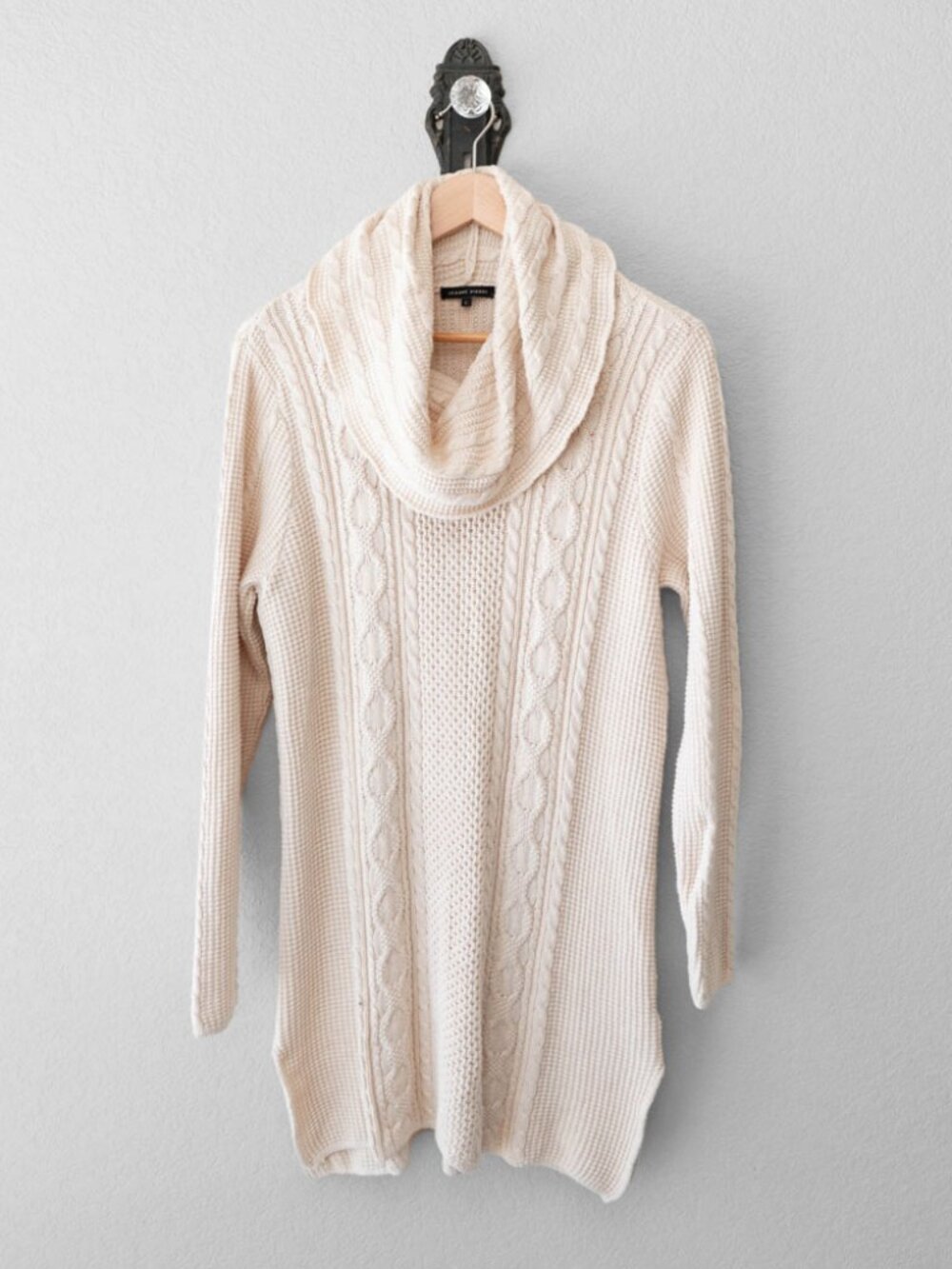 Jeanne Pierre Ivory Cable Knit Cowl Neck Tunic Sweater L 100% Cotton Mini Dress